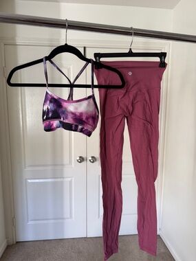 lululemon athletica Rose/Plum High-Rise Leggings with Purple Tie-Dye Sports Bra
